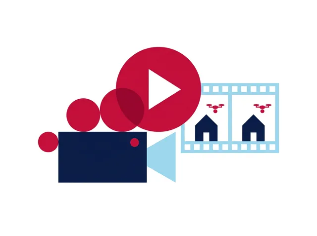 Montaż wideo nieruchomości, kamera i przycisk play, ilustracja