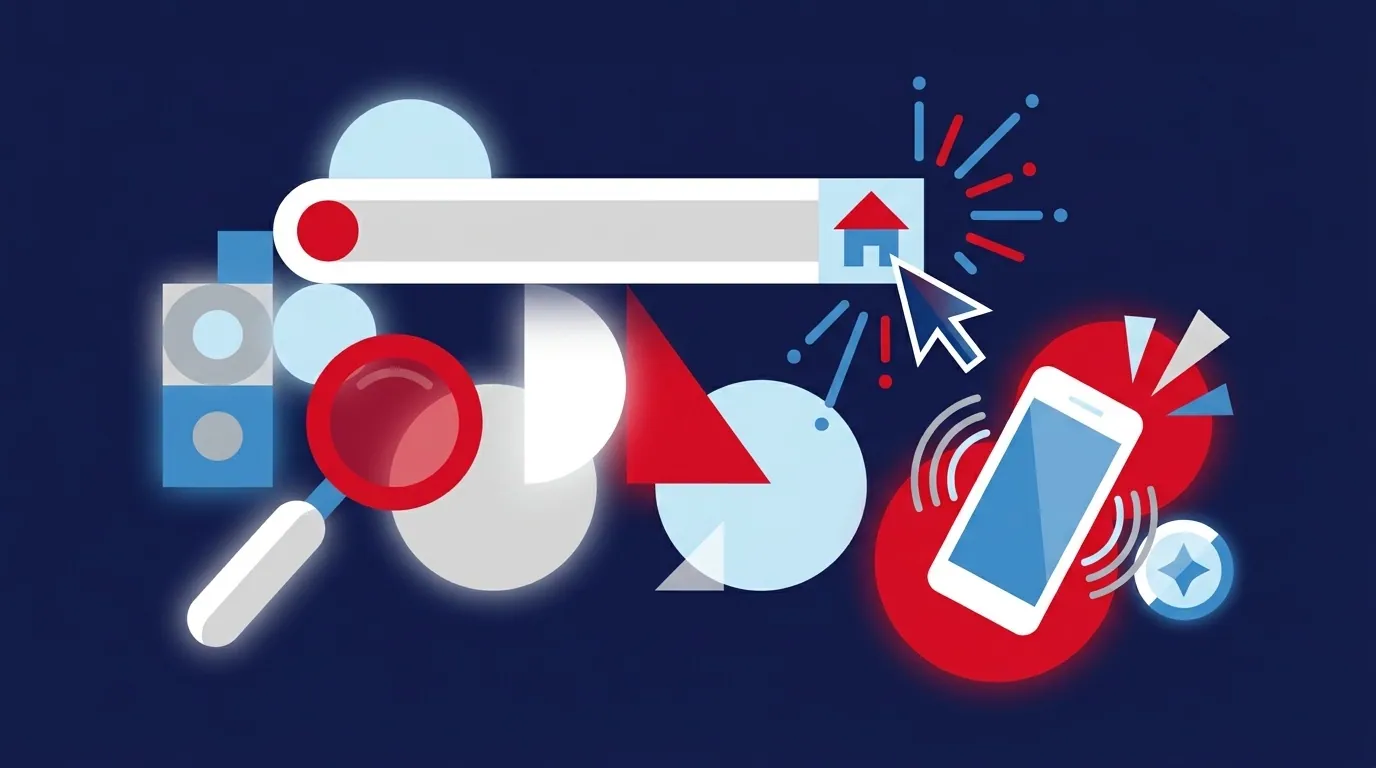 Kampanie Google Ads: wyszukiwarka z ofertą nieruchomości i kliknięciem klienta, ilustracja