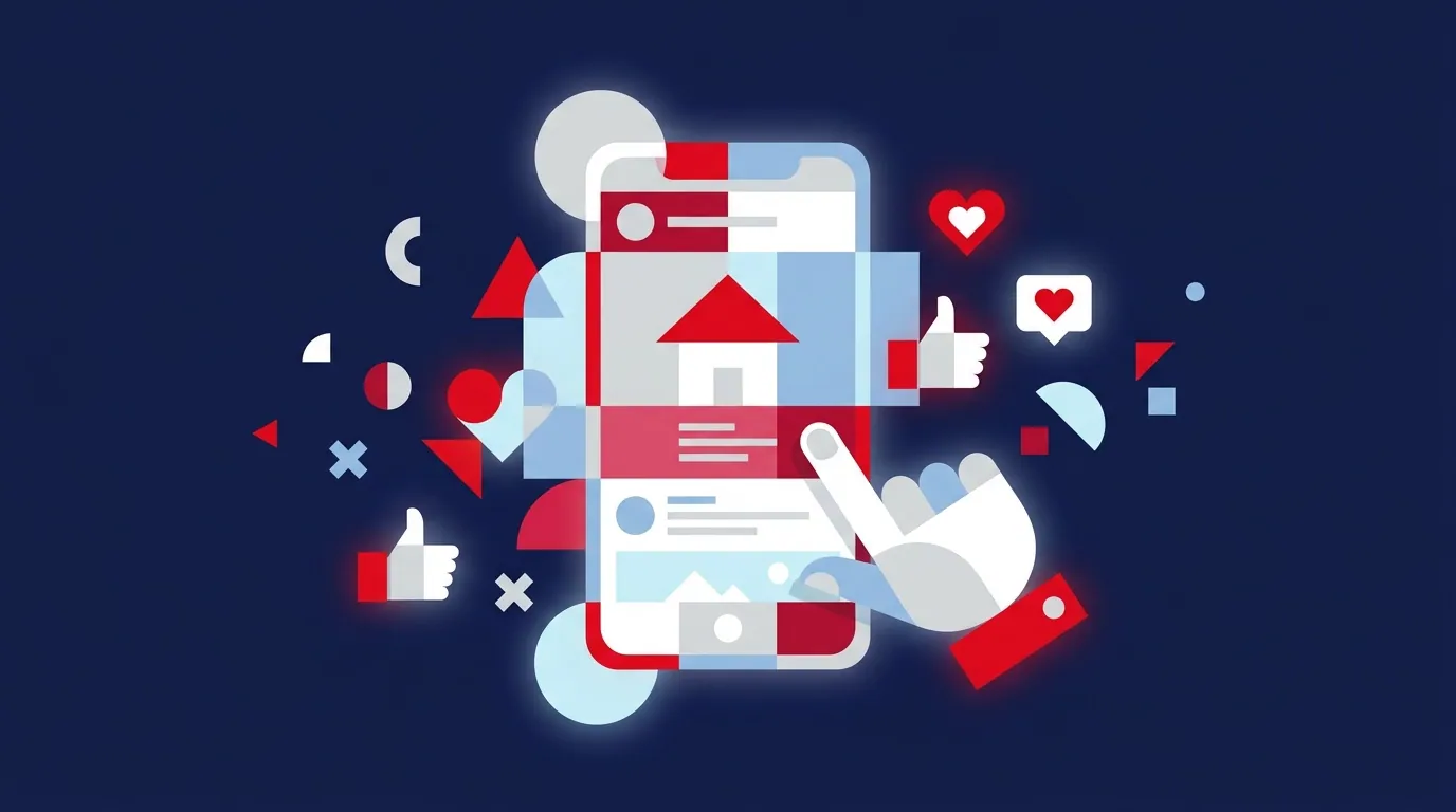 Kampanie Meta Ads: reklama nieruchomości w telefonie z reakcjami użytkowników, ilustracja
