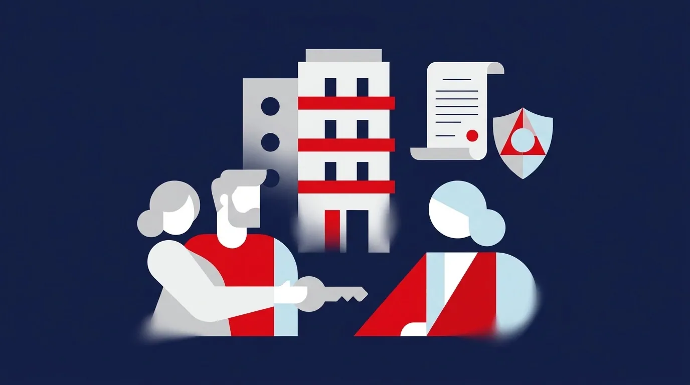 Marketing firm zarządzających najmem: właściciel przekazuje klucze zarządcy przed budynkiem, ilustracja