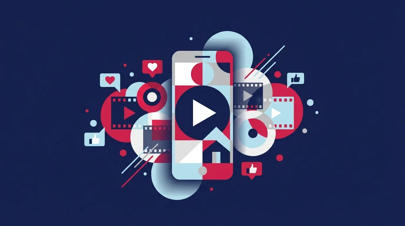 Social media i video dla nieruchomości: telefon z rolką wideo i reakcjami, ilustracja
