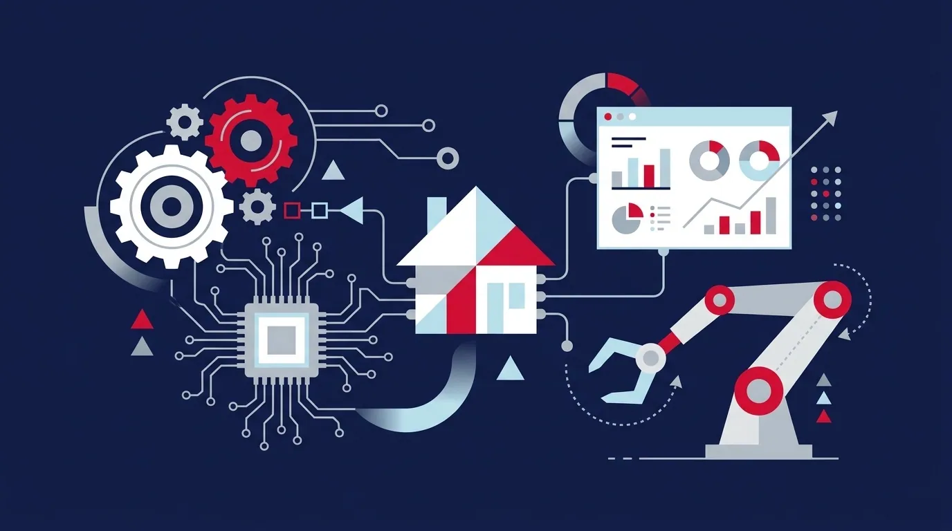 Technologie dla nieruchomości: automatyzacje, analityka i AI połączone z domem, ilustracja