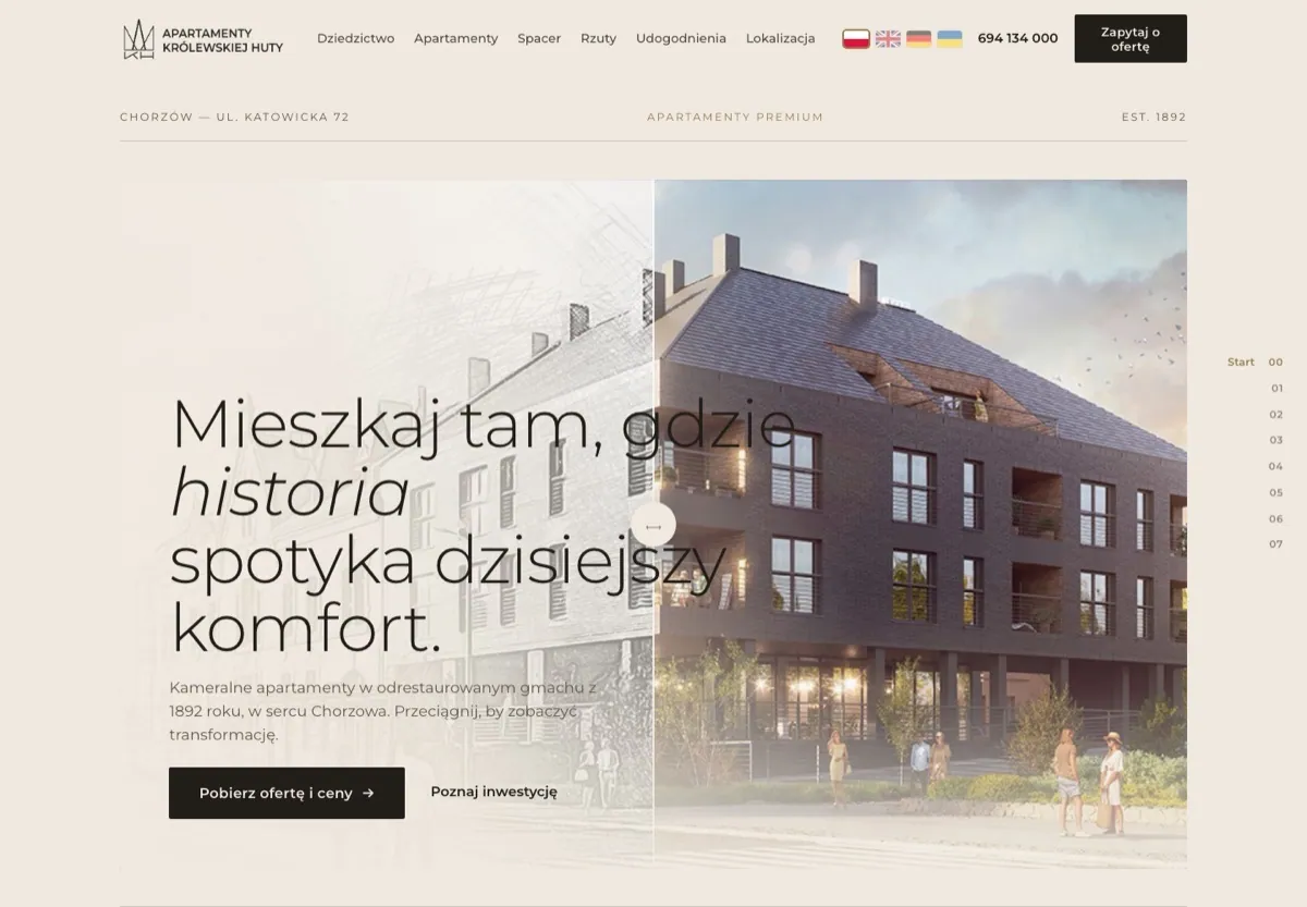 Strona internetowa inwestycji deweloperskiej: Apartamenty Królewskiej Huty