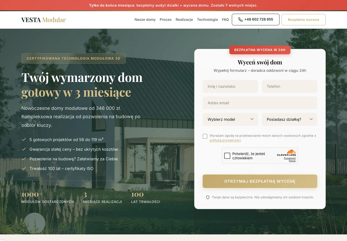 Strona internetowa producenta domów modułowych Vesta Modular z formularzem bezpłatnej wyceny