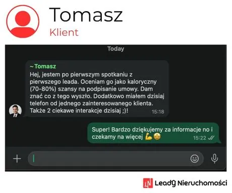 Opinia klienta Leady Nieruchomości, rozmowa WhatsApp o wynikach kampanii
