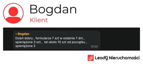 Opinia klienta Leady Nieruchomości, rozmowa WhatsApp o wynikach kampanii