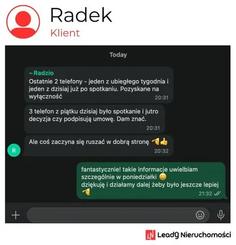 Opinia klienta Leady Nieruchomości, rozmowa WhatsApp o wynikach kampanii