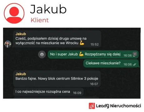 Opinia klienta Leady Nieruchomości, rozmowa WhatsApp o wynikach kampanii