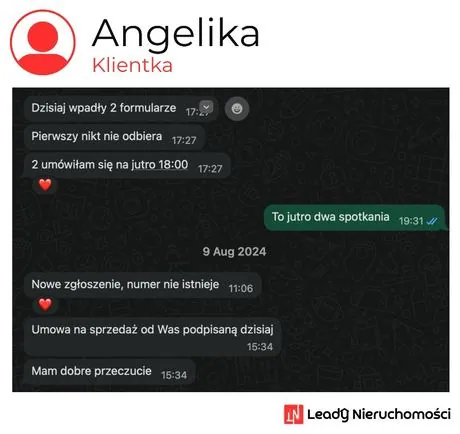 Opinia klienta Leady Nieruchomości, rozmowa WhatsApp o wynikach kampanii