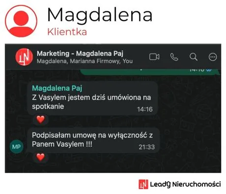 Opinia klienta Leady Nieruchomości, rozmowa WhatsApp o wynikach kampanii