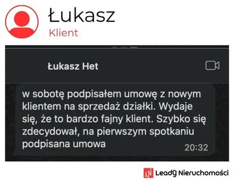 Opinia klienta Leady Nieruchomości, rozmowa WhatsApp o wynikach kampanii