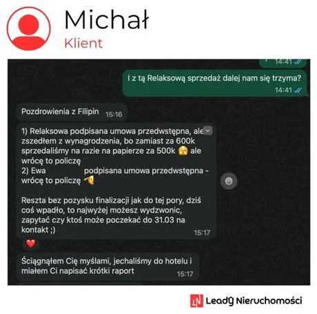 Opinia klienta Leady Nieruchomości, rozmowa WhatsApp o wynikach kampanii