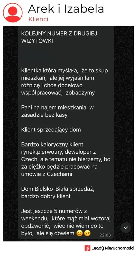 Opinia klienta Leady Nieruchomości, rozmowa WhatsApp o wynikach kampanii