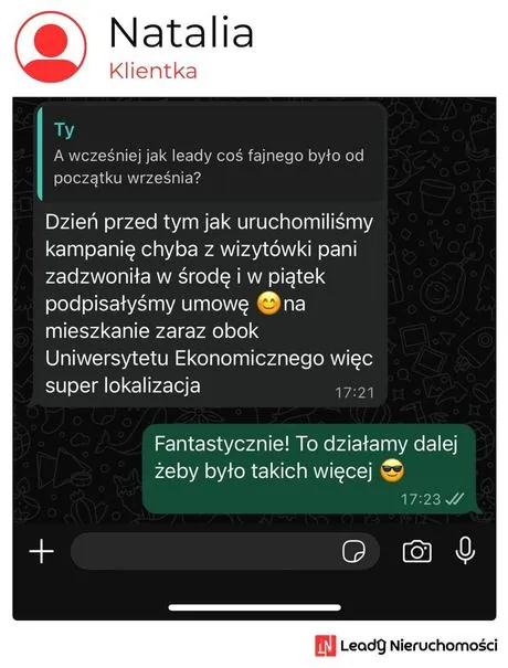 Opinia klienta Leady Nieruchomości, rozmowa WhatsApp o wynikach kampanii