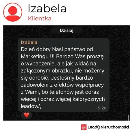 Opinia klienta Leady Nieruchomości, rozmowa WhatsApp o wynikach kampanii
