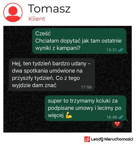 Opinia klienta Leady Nieruchomości, rozmowa WhatsApp o wynikach kampanii