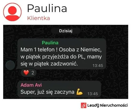 Opinia klienta Leady Nieruchomości, rozmowa WhatsApp o wynikach kampanii