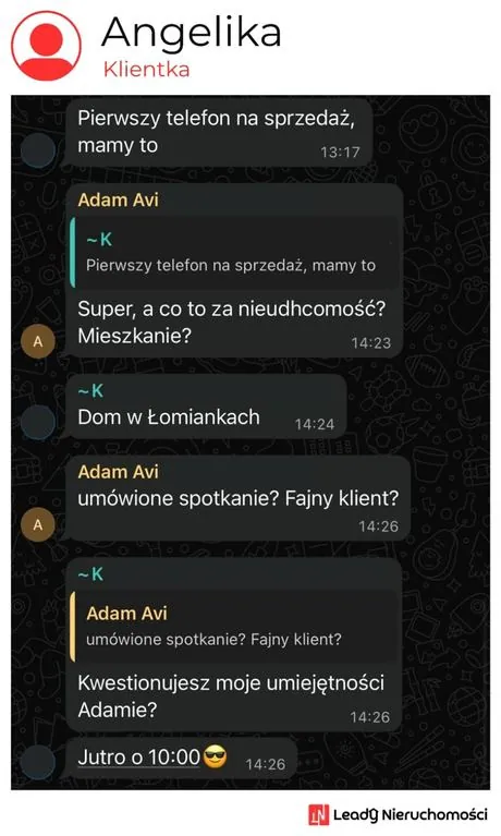 Opinia klienta Leady Nieruchomości, rozmowa WhatsApp o wynikach kampanii