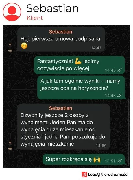 Opinia klienta Leady Nieruchomości, rozmowa WhatsApp o wynikach kampanii