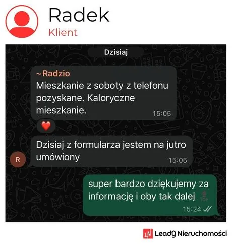 Opinia klienta Leady Nieruchomości, rozmowa WhatsApp o wynikach kampanii