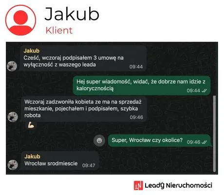 Opinia klienta Leady Nieruchomości, rozmowa WhatsApp o wynikach kampanii