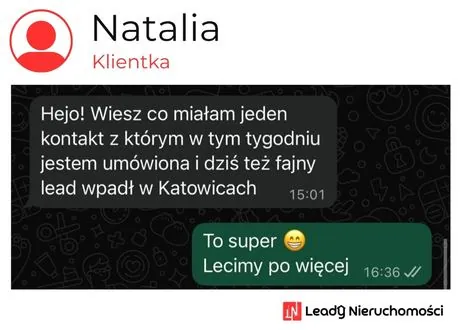 Opinia klienta Leady Nieruchomości, rozmowa WhatsApp o wynikach kampanii