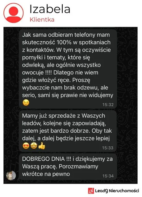 Opinia klienta Leady Nieruchomości, rozmowa WhatsApp o wynikach kampanii