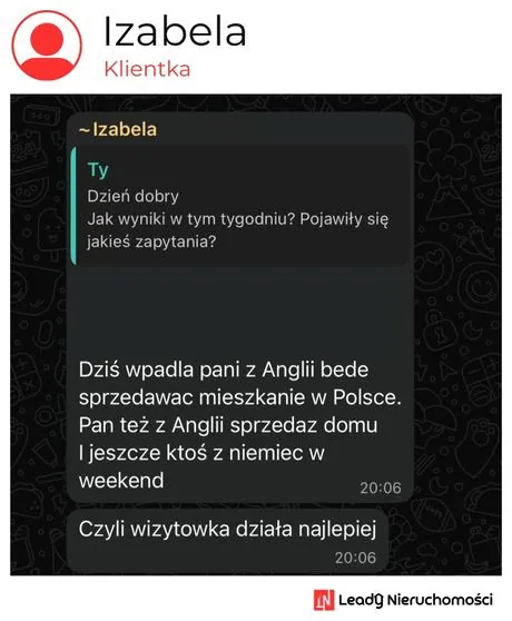 Opinia klienta Leady Nieruchomości, rozmowa WhatsApp o wynikach kampanii