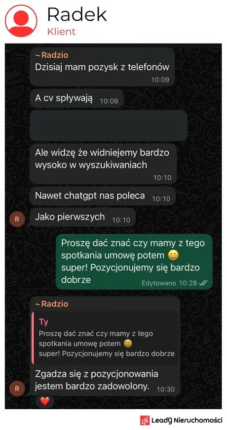Opinia klienta Leady Nieruchomości, rozmowa WhatsApp o wynikach kampanii