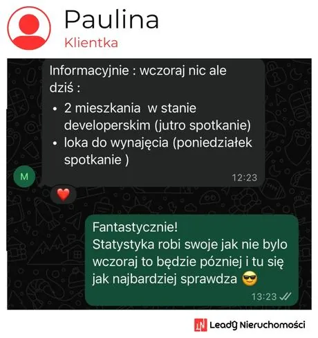 Opinia klienta Leady Nieruchomości, rozmowa WhatsApp o wynikach kampanii