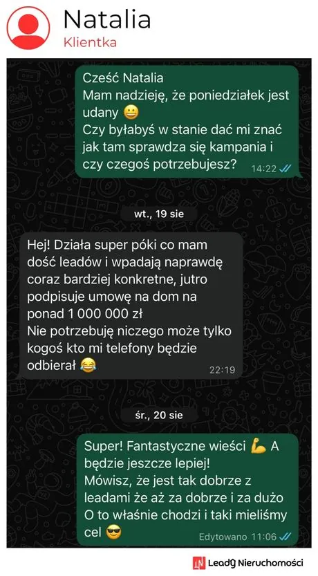 Opinia klienta Leady Nieruchomości, rozmowa WhatsApp o wynikach kampanii
