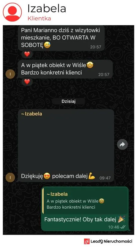 Opinia klienta Leady Nieruchomości, rozmowa WhatsApp o wynikach kampanii