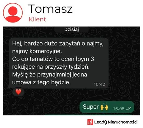 Opinia klienta Leady Nieruchomości, rozmowa WhatsApp o wynikach kampanii