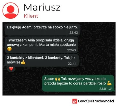 Opinia klienta Leady Nieruchomości, rozmowa WhatsApp o wynikach kampanii