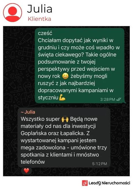 Opinia klienta Leady Nieruchomości, rozmowa WhatsApp o wynikach kampanii