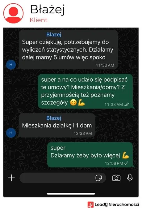 Opinia klienta Leady Nieruchomości, rozmowa WhatsApp o wynikach kampanii