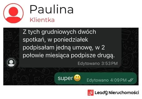 Opinia klienta Leady Nieruchomości, rozmowa WhatsApp o wynikach kampanii