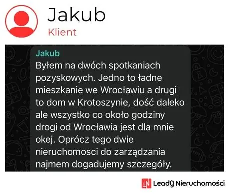 Opinia klienta Leady Nieruchomości, rozmowa WhatsApp o wynikach kampanii