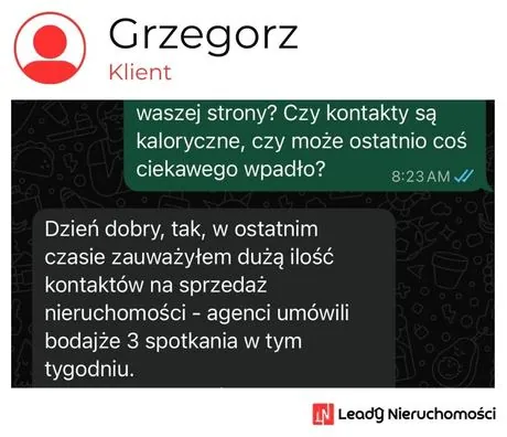 Opinia klienta Leady Nieruchomości, rozmowa WhatsApp o wynikach kampanii