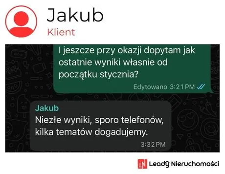 Opinia klienta Leady Nieruchomości, rozmowa WhatsApp o wynikach kampanii