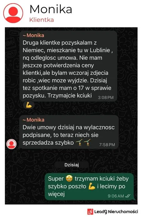 Opinia klienta Leady Nieruchomości, rozmowa WhatsApp o wynikach kampanii