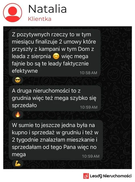 Opinia klienta Leady Nieruchomości, rozmowa WhatsApp o wynikach kampanii