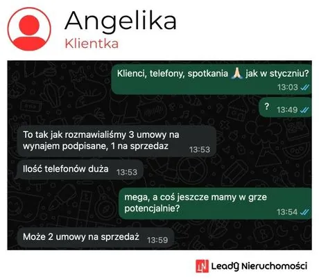 Opinia klienta Leady Nieruchomości, rozmowa WhatsApp o wynikach kampanii
