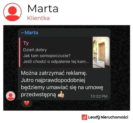 Opinia klienta Leady Nieruchomości, rozmowa WhatsApp o wynikach kampanii