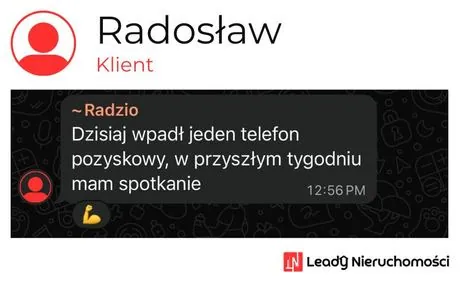 Opinia klienta Leady Nieruchomości, rozmowa WhatsApp o wynikach kampanii