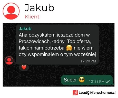 Opinia klienta Leady Nieruchomości, rozmowa WhatsApp o wynikach kampanii