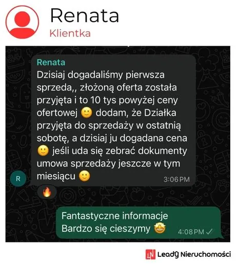 Opinia klienta Leady Nieruchomości, rozmowa WhatsApp o wynikach kampanii