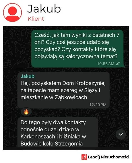 Opinia klienta Leady Nieruchomości, rozmowa WhatsApp o wynikach kampanii