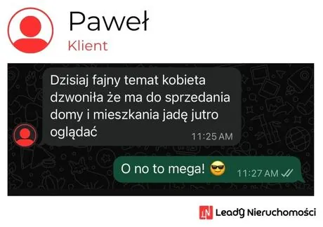 Opinia klienta Leady Nieruchomości, rozmowa WhatsApp o wynikach kampanii