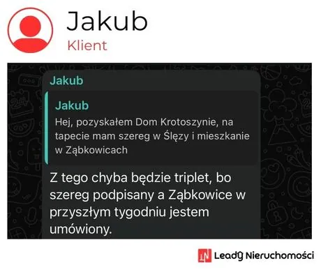 Opinia klienta Leady Nieruchomości, rozmowa WhatsApp o wynikach kampanii